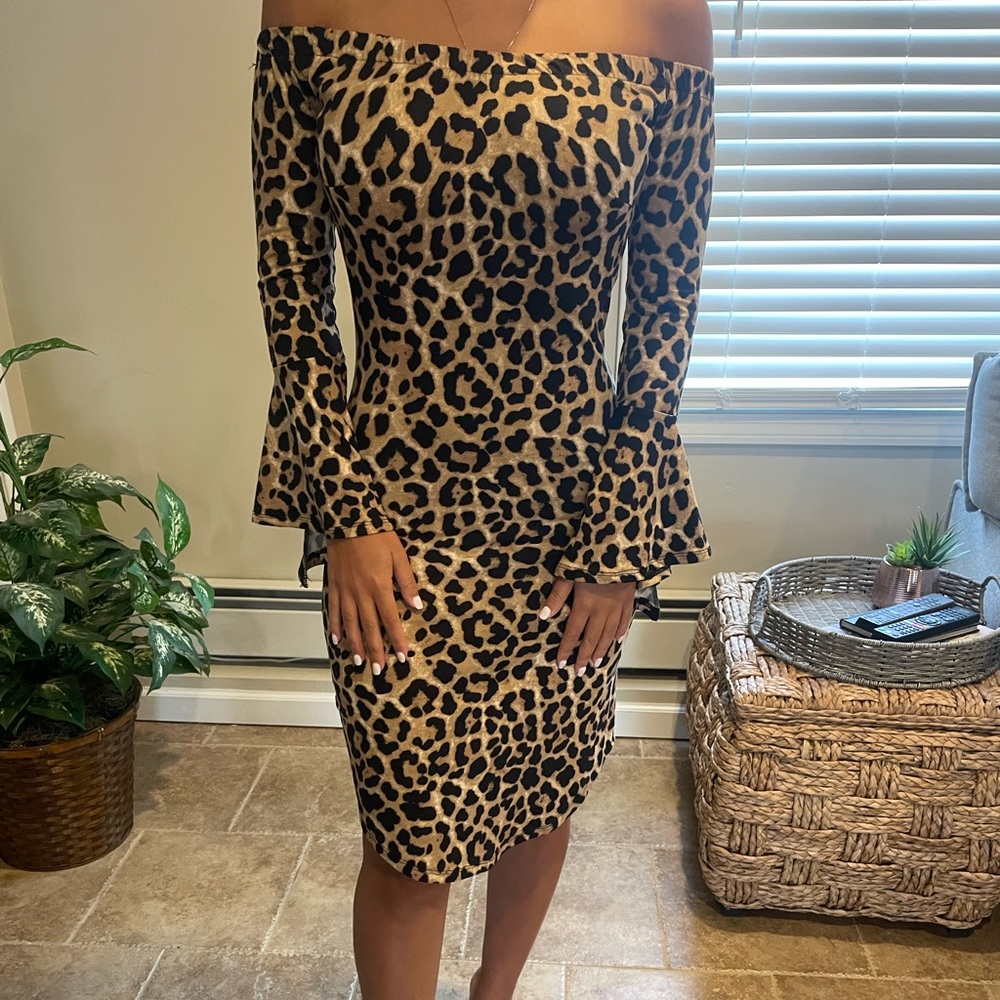 Leopard print off the shoulder dress